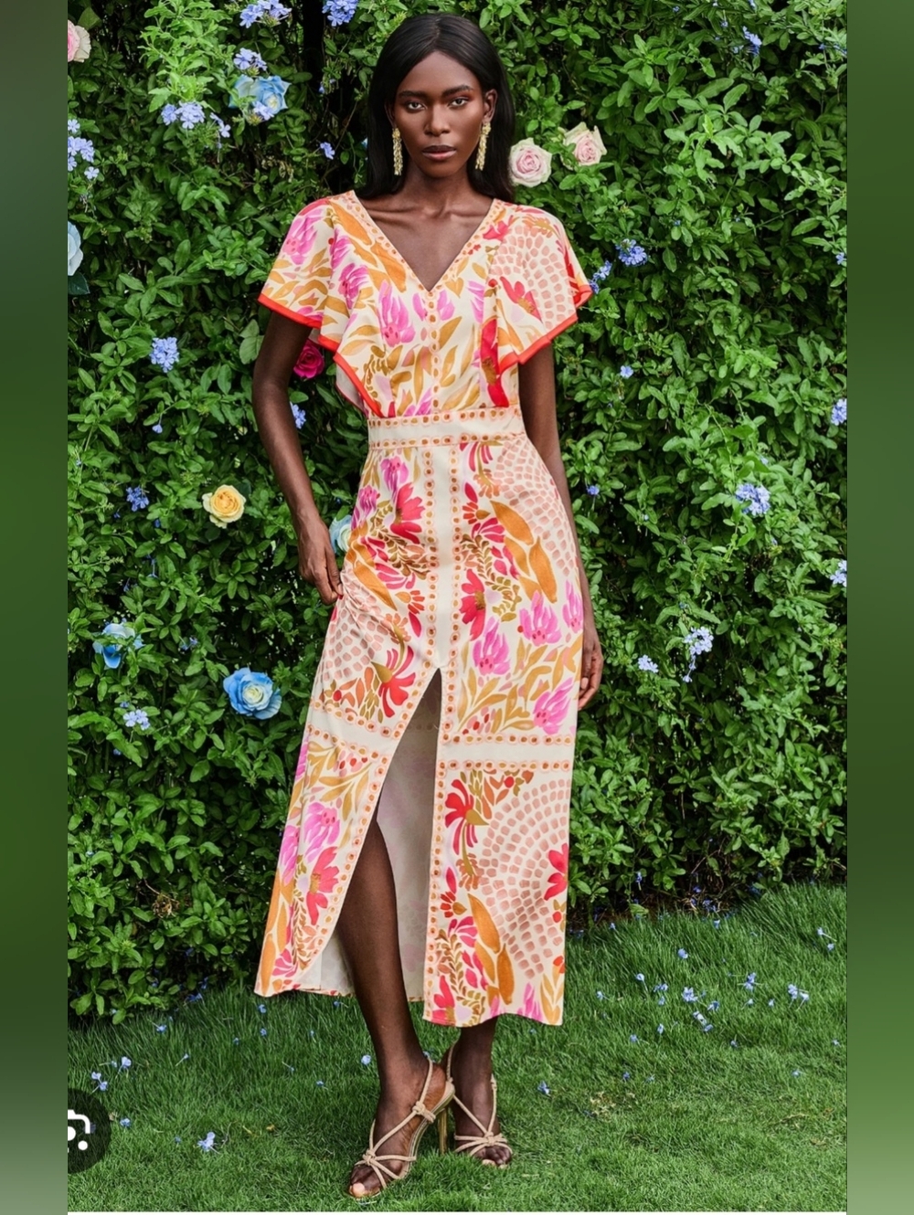 Floral V-Neck Midi Dress in Pink and Gold